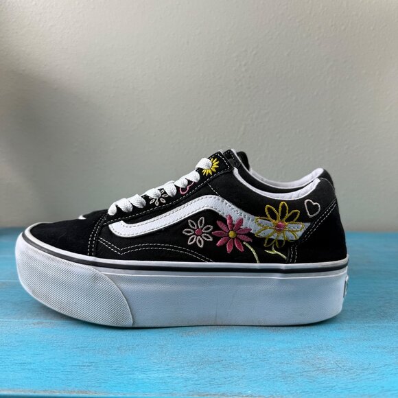 VANS Old Skool Stackform Black White Floral Embroidery Women's Size 8.5 - Picture 4 of 10